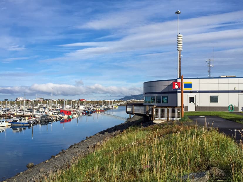 Homer Harbormaster's Office with the harbor in the background.